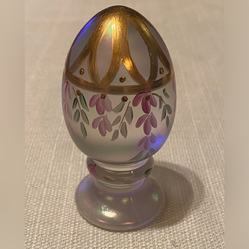 Fenton Art Signed Handpainted Glass Pedestal Egg Floral with Gold Accents